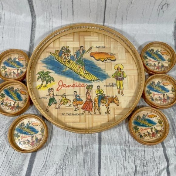 Vintage Tropical Bamboo Drink Tray & Coaster Set 1960s Rattan Tiki Bar MCM Decor - Picture 6 of 6